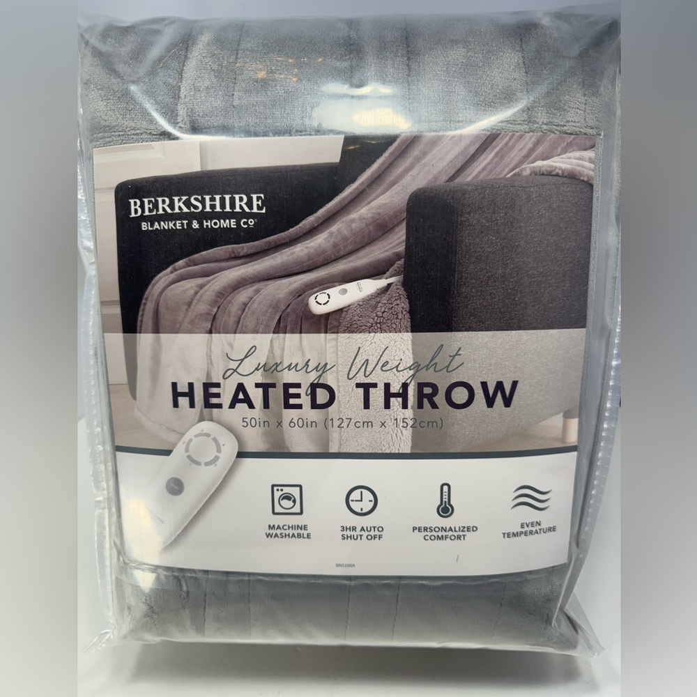 NEW - Berkshire Velvetsoft and Sherpa Plush Gray Heated Throw Blanket